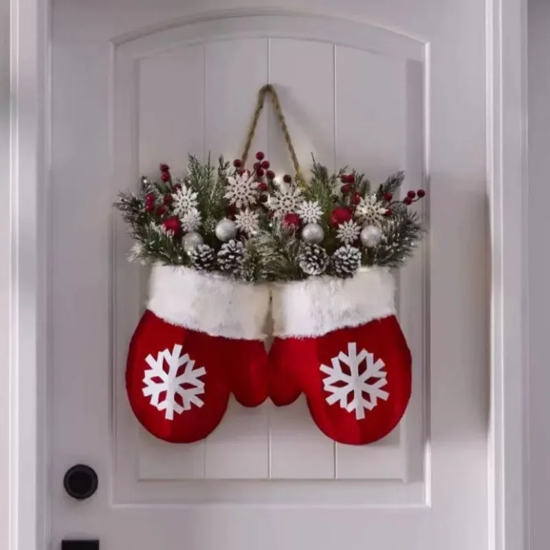 2025 Christmas Garland Creative Glove Shaped Simulated Flower Wreath Window Door Gate Decoration Door Sign Xmas Party Decoration
