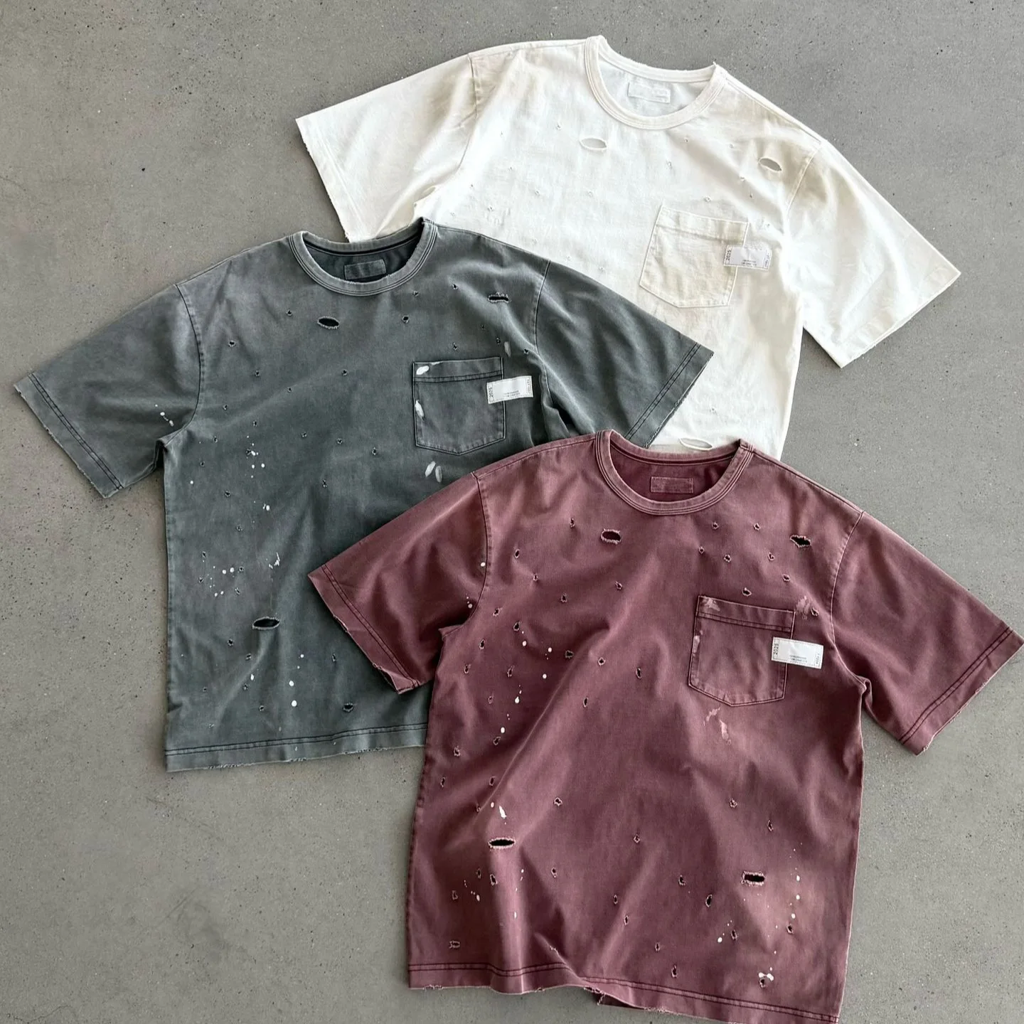 Hip Hop Splashed Ink Paint Hole Damage NBHD Pockets T Shirt Men Women Washed Distressed Loose Short Sleeve Cotton Tops Tee Japan