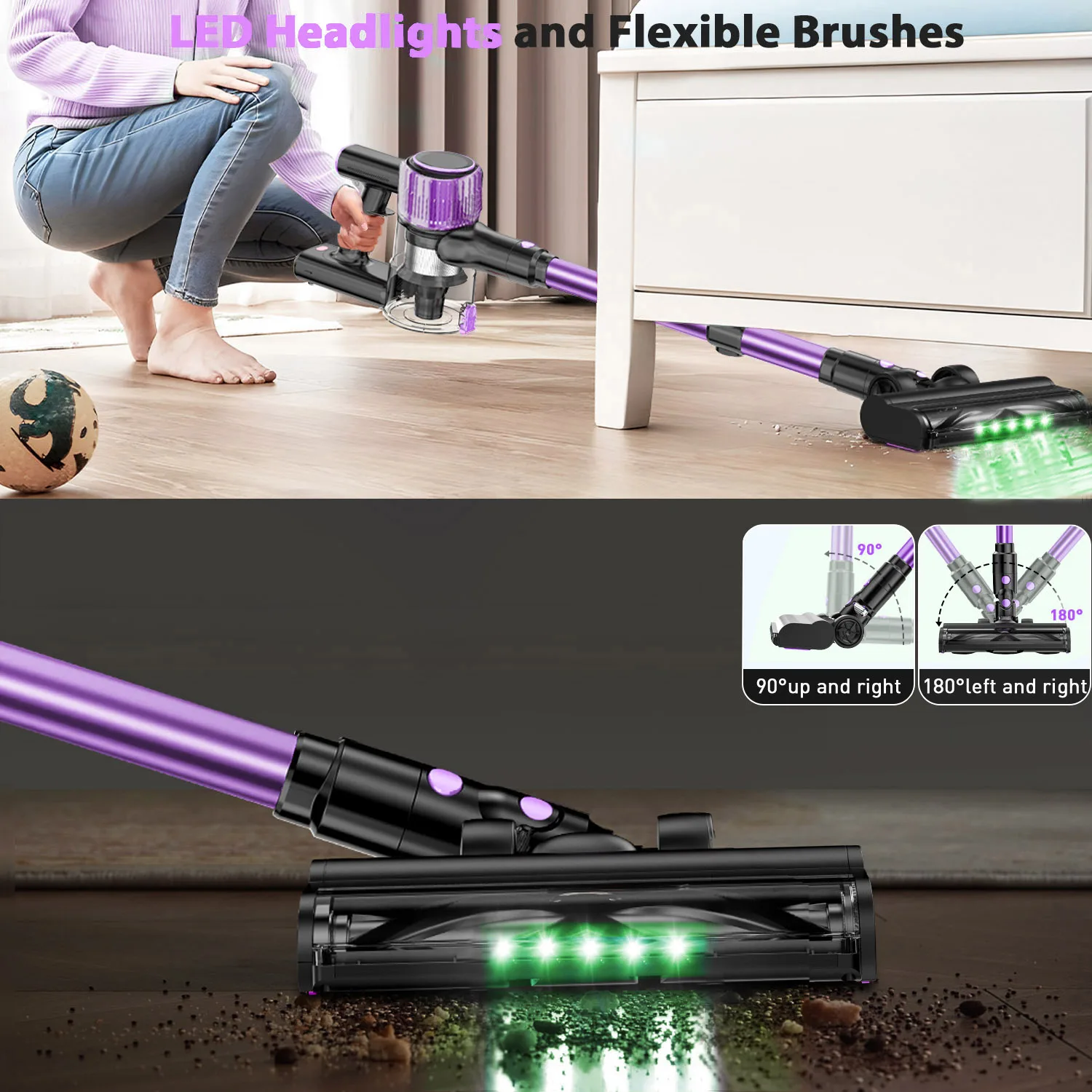 10-in-1 강력 무선 진공청소기, LED 디스플레이, 3가지 흡입 모드, 45분 배터리, 단단한 바닥, 카펫 및 애완동물 털용