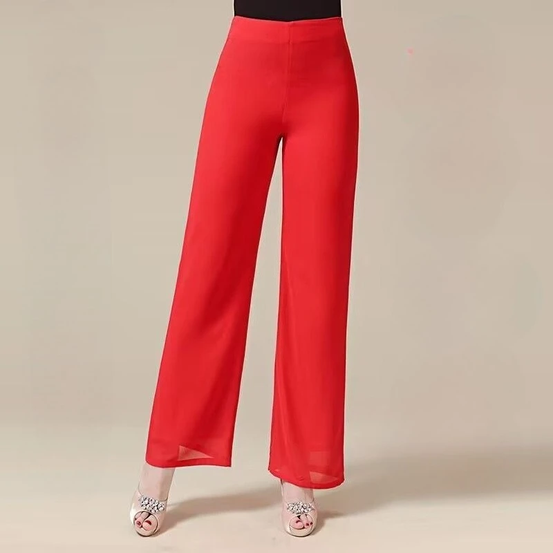Summer Women's Layered Chiffon Flowy Wide Leg Pants High Waist Long Palazzo Culottes with Split