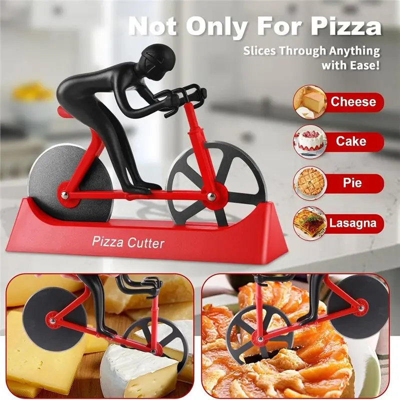 ABKP-Bicycle Pizza Slicer Bike Pizza Cutter With Stainless Steel Wheels And Innovative Stand-Unique Design One-Of-A-Kind