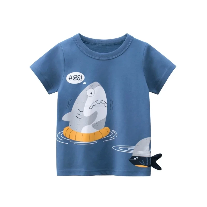 2024 Summer New 3D Cartoon Shark T Shirt Boys Clothing Children\'s T-Shirt Short Sleeve O-Neck Dinosaur Top Tees Kids Clothes