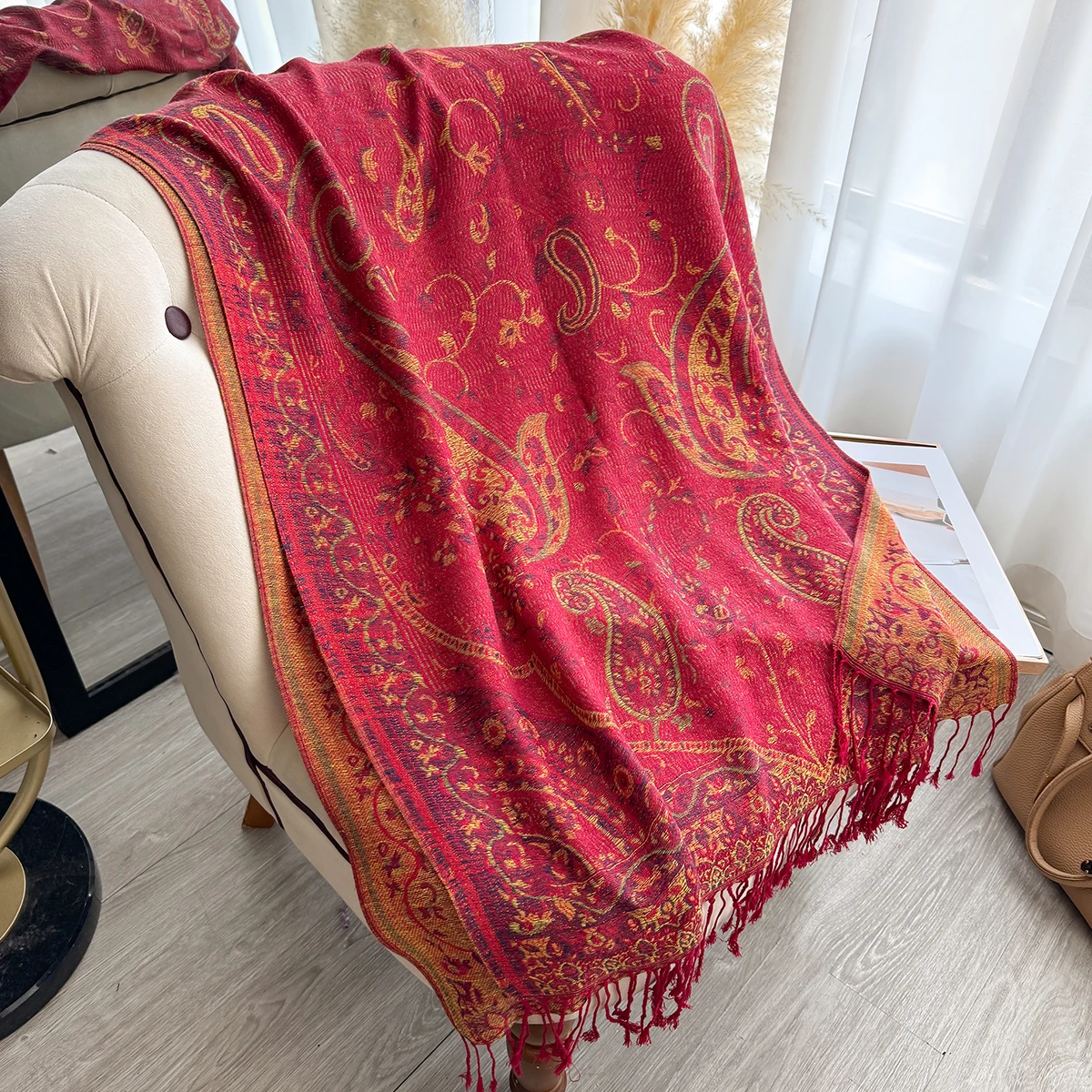 Neue Mode Damen Faux Kaschmir Winter Wrap Vintage Print Quasten Dicke Warme Pashmina Zweiseitiger Schal Outdoor Schals Foulard – Detail 6