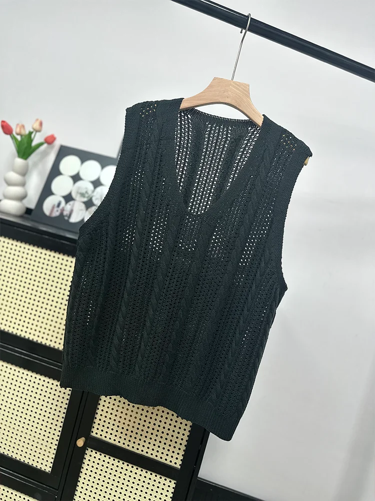 High Quality Vest Women's V-neck Hollowed Out Knitted Cotton Vest for Autumn and Winter Loose Sweater Wearing Outside