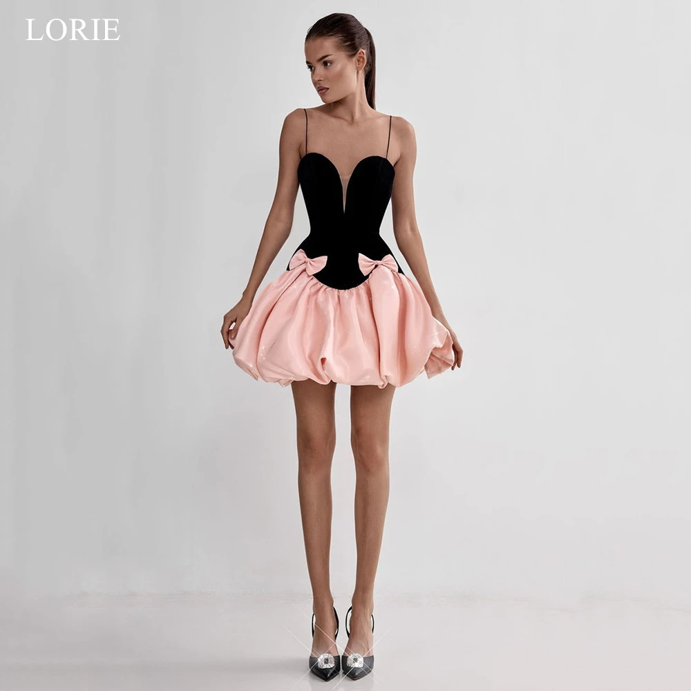 

LORIE Cute Black and Pink Mini Party Dresses Spaghetti Straps Bow Evening Prom Dress Draped A-Line Ball Gowns Customized