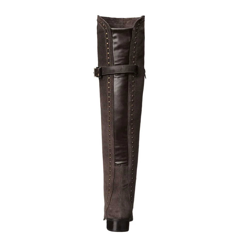 Autumn and winter new round-headed rivet leather belt buckle low-heeled suede knight boots large-size high-heeled women's boots
