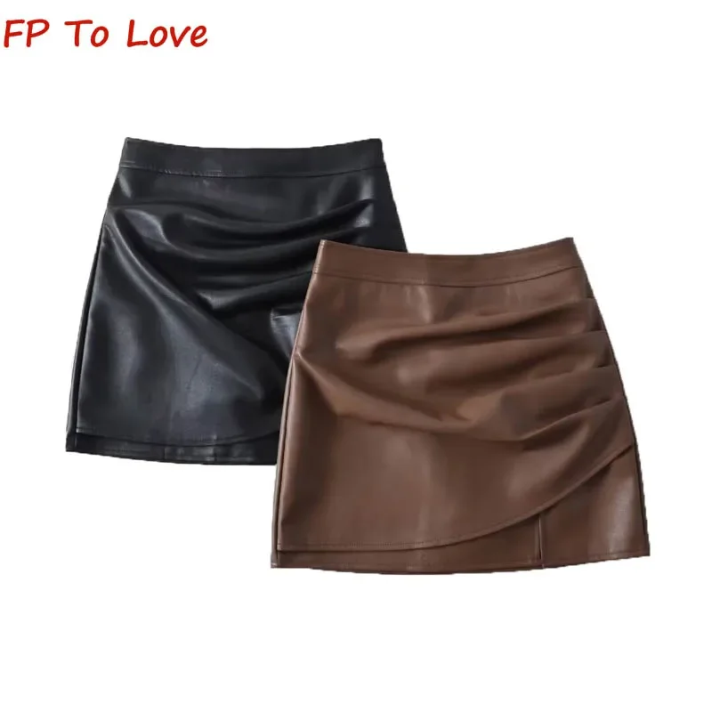 

High Waist Design Black Pleated Irregular PU Slim A-line Pleated Short Skirt Package Hip Coffee Leather Skirt