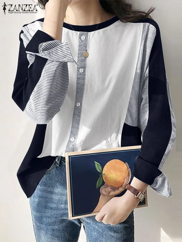 ZANZEA O Neck Korean Fashion Blouses Color Block Patchwork Long Sleeve 2024 Fall Streetwear Blusas Striped Panels Women Shirts