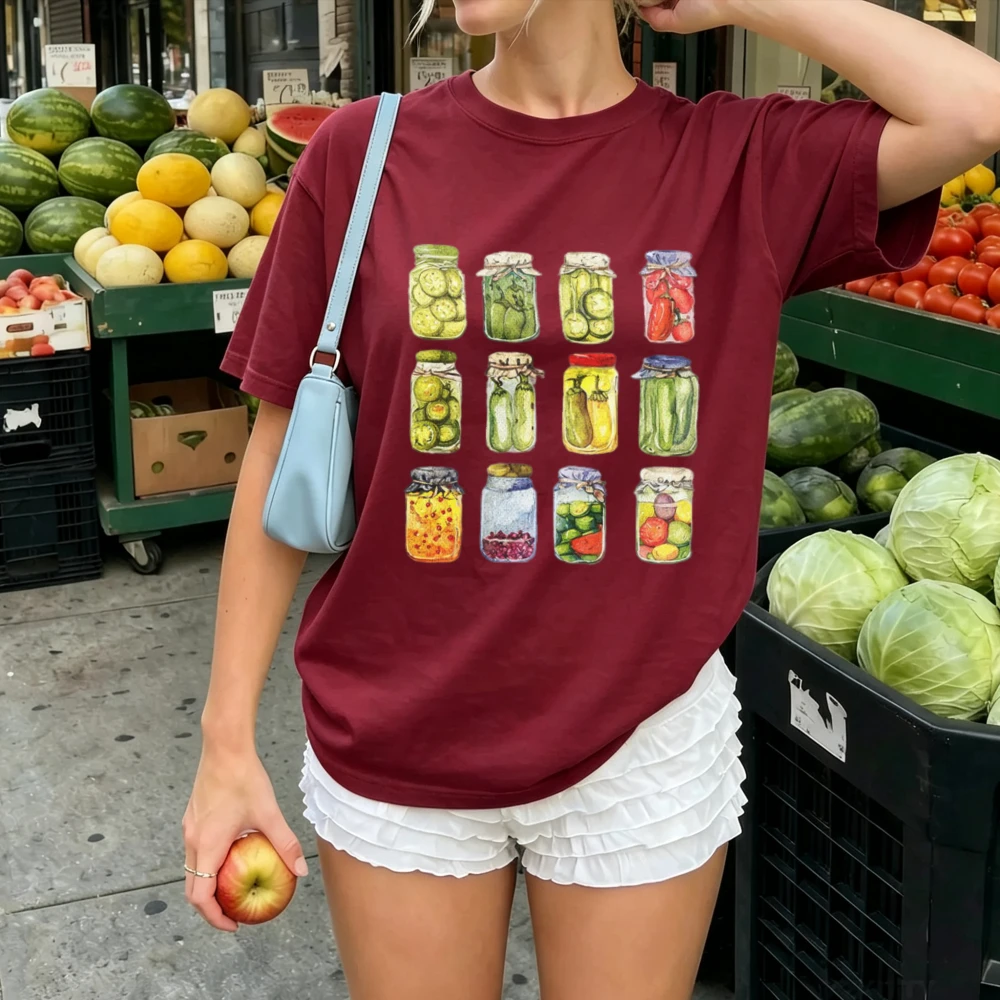 Watercolor Grid Pickled Cucumber Chili Tomato Vegetable Jars Collection Print Women  Cotton Homemade Preserve Casual Daily Tops