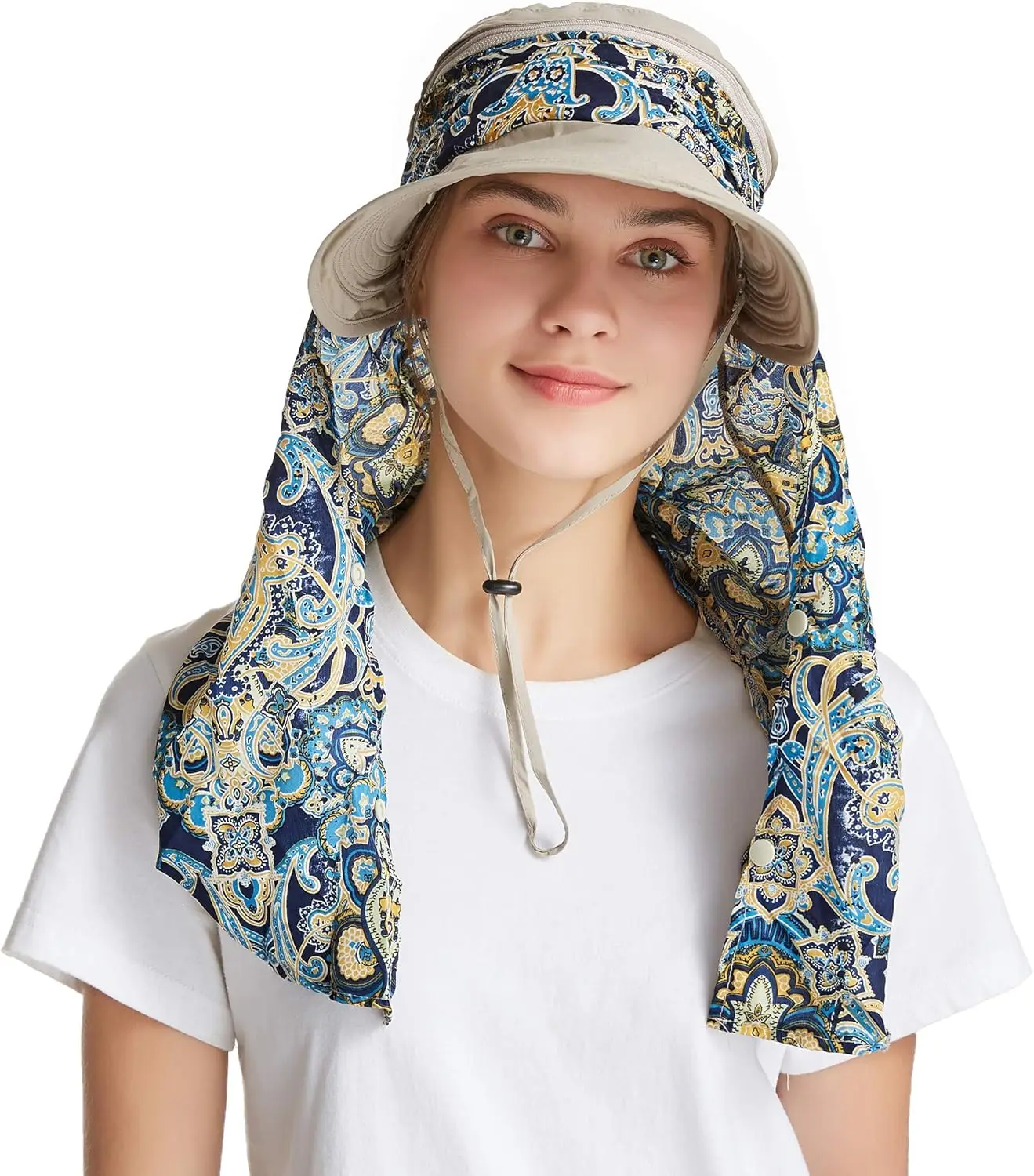 

Women Sun Hat UPF 50+ Wide Brim Beach Hat with Neck Flap & Visor, Ponytail Hole, Lightweight