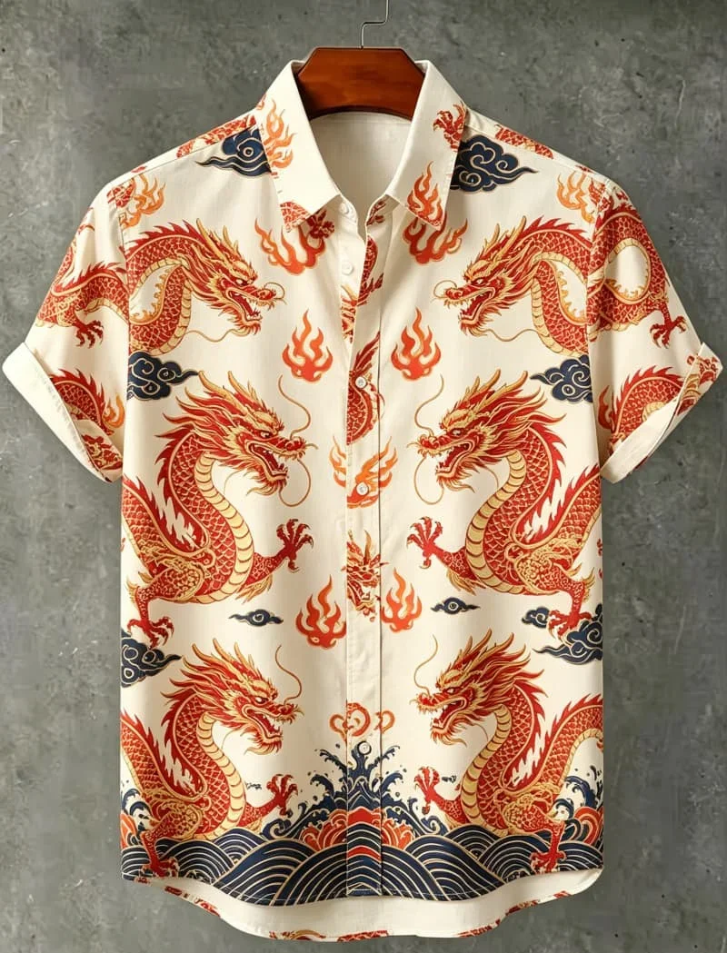 Men's Oriental Mythology Ukiyo-print Casual shirt, Suitable For Summer holidays, Beach outings, And Daily Street Wear