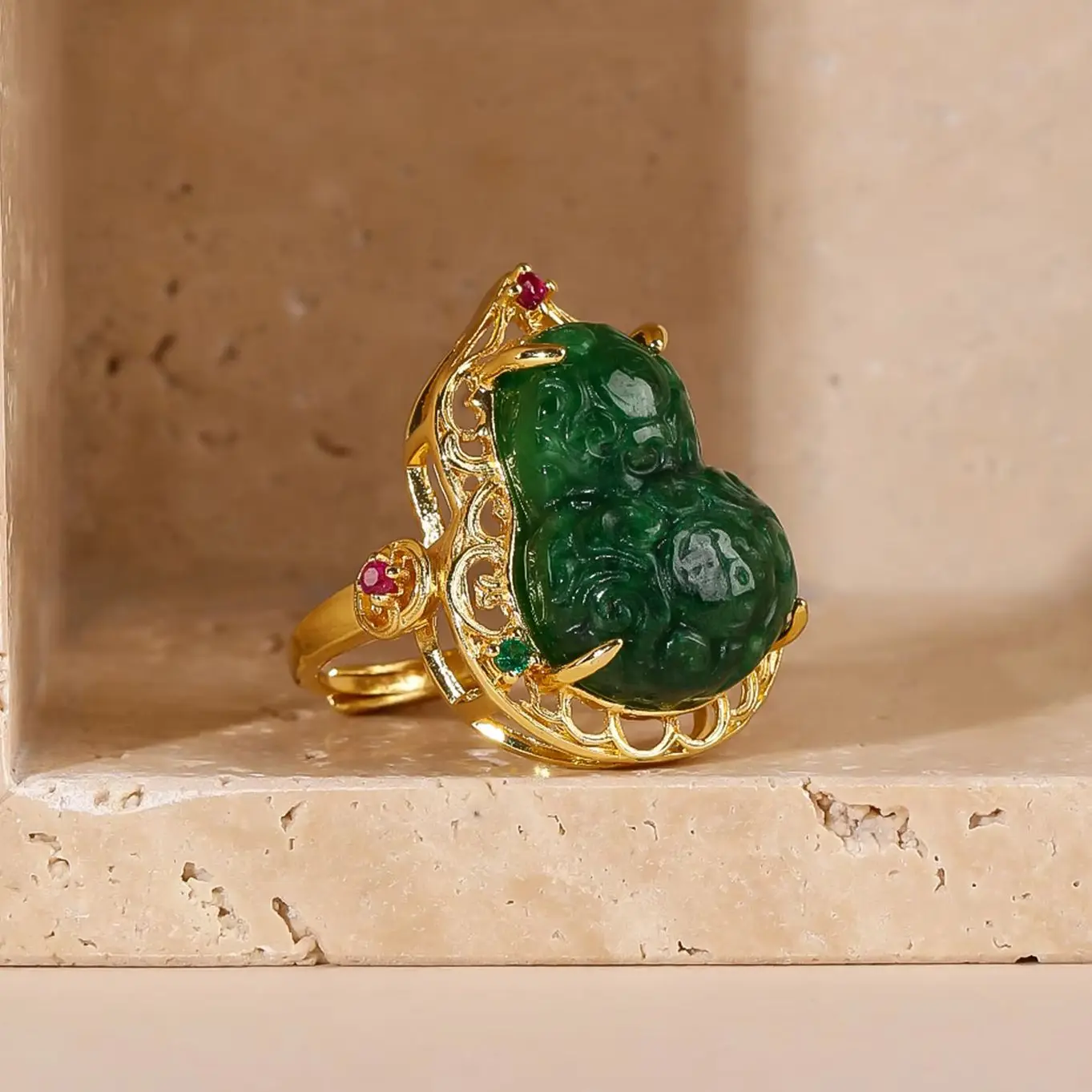 Gourd Shaped Natural Jadeite Rings Women's Gift Size Adjustable 18K Gold Plated Statement Jewelry for Mother 5 Style to choose