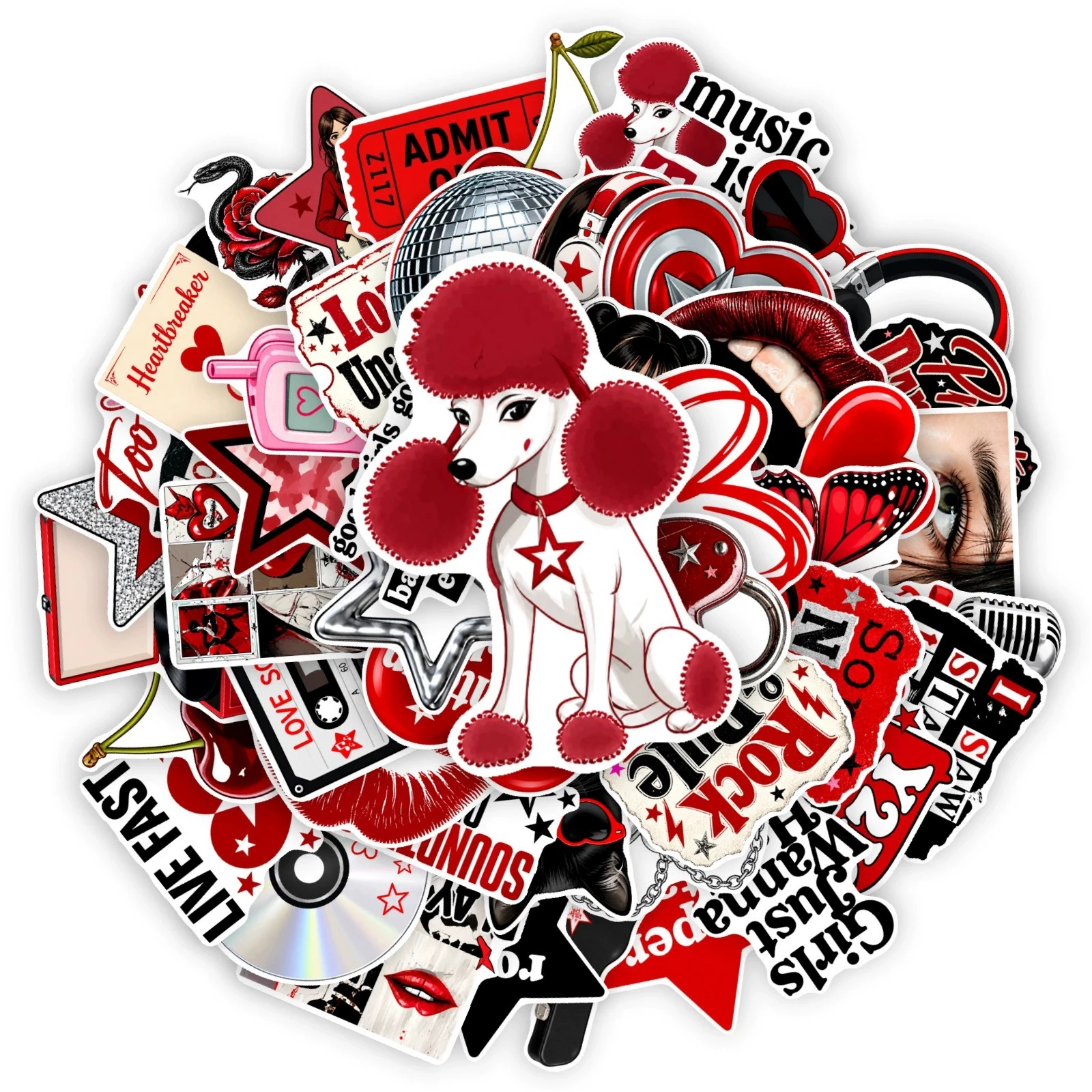 50pcs Sweet Cool Rock Y2K Stickers Red Black Retro Heart Star Cherry Waterproof for Notebook Phone Case Suitcase DIY Decor