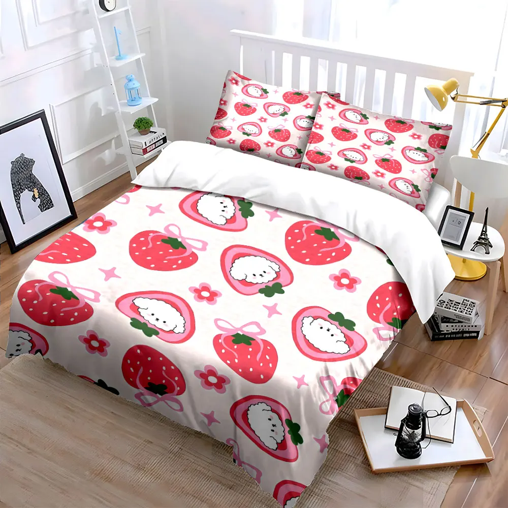 Strawberry and Cute Sheep Illustration Printed Duvet Cover Set 1 Duvet Cover+2 Pillowcase Multi Size Bedroom Bedding Decor
