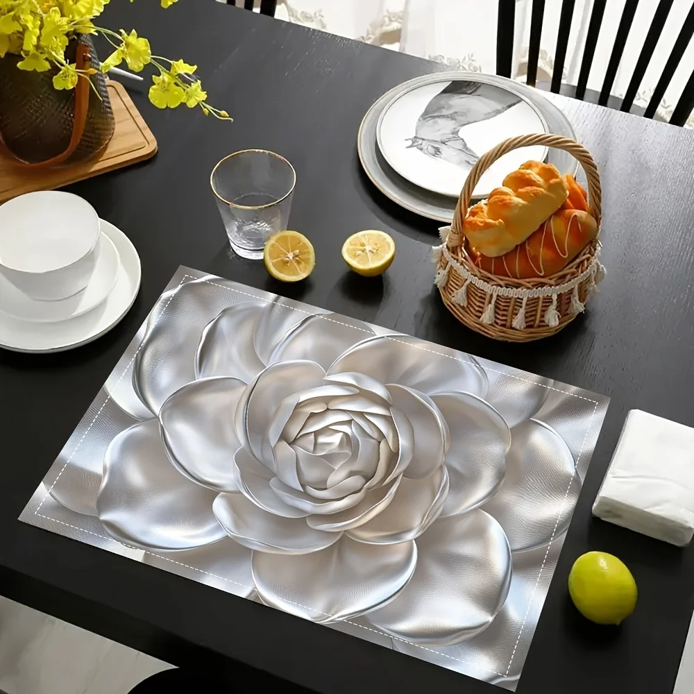 

4pcs Silver Camellia Linen Placemats - Elegant Floral Table Mats for Kitchen, Wedding & Parties, Washable Fade-Resistant Decor