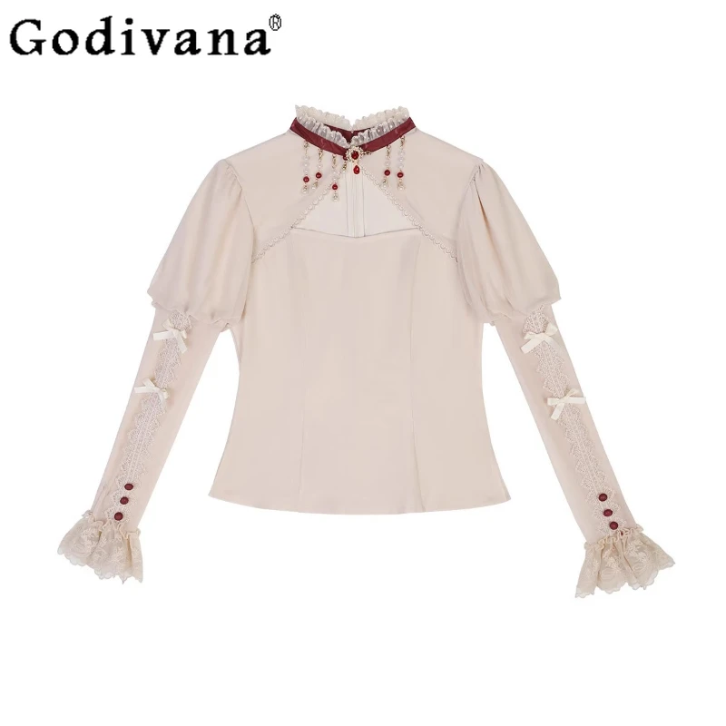 

Vintage elegant Lolita long sleeve sweet bow tassel Jsk bottoming shirt 2025 summer new cute lace stand-up collar chic slim top
