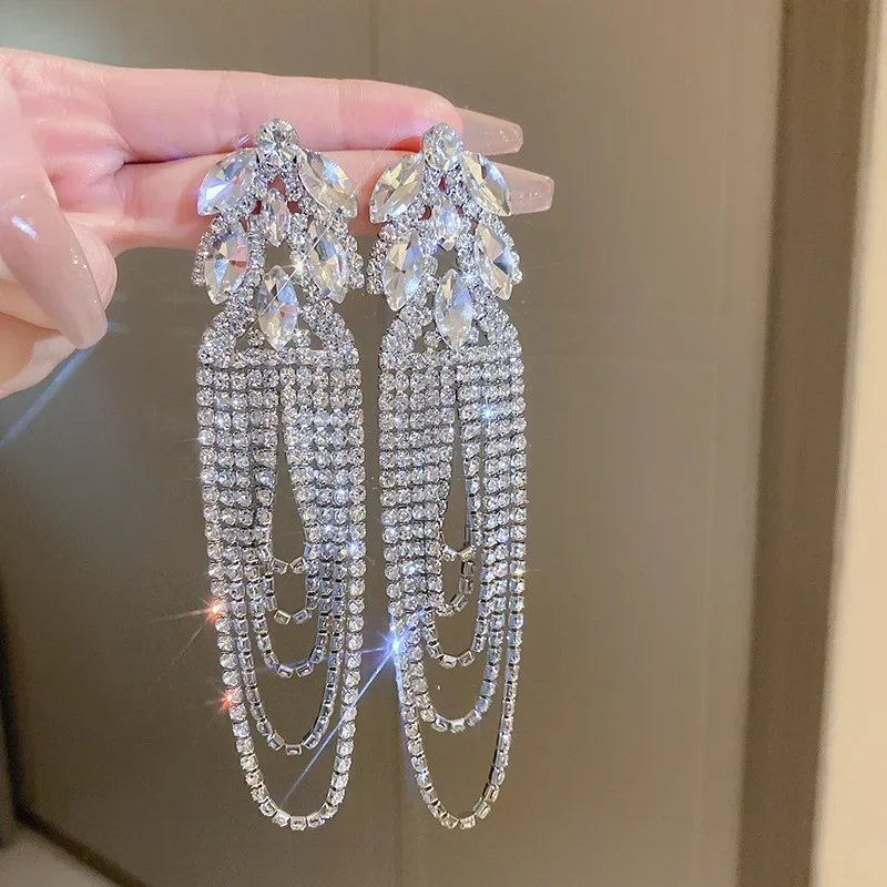 FYUAN Geometric Crystal Earrings Oversize Long Tassel Rhinestone Earrings for Women Luxury Earring Statement Jewelry