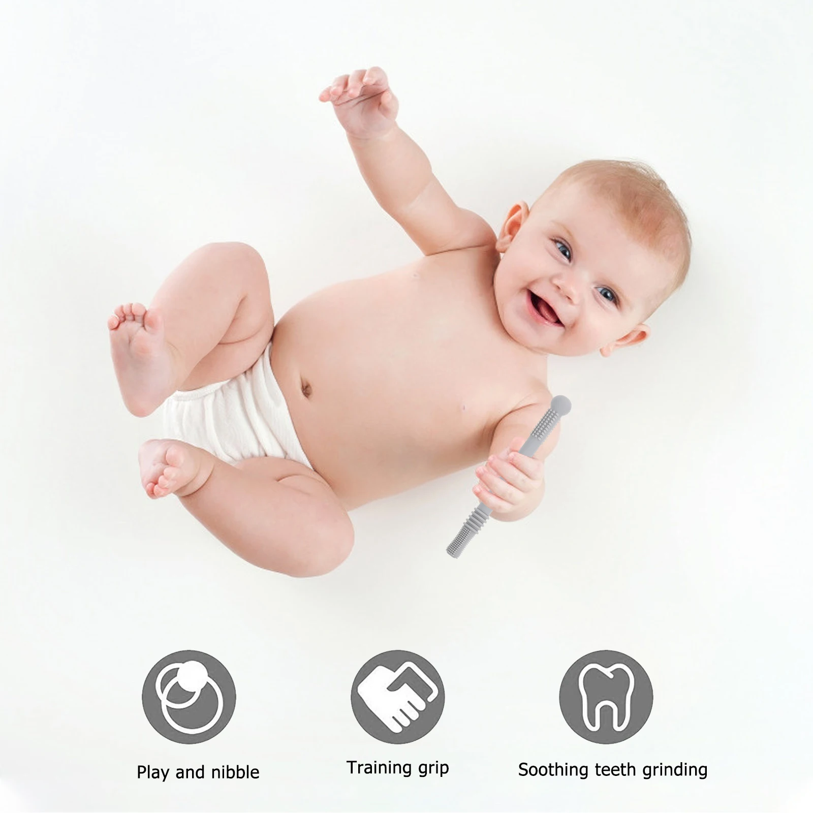 

2pcs Straw Teether Light Grey Portable Silicone Baby Molar Rod Baby Molar Rod Durable Safe Teething Toy Infant Care