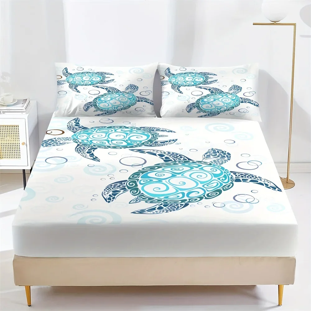 Set di lenzuola con angoli con stampa tartaruga marina stile moda, coprimaterassi, comodo set di biancheria da letto traspirante con tasca profonda per la camera da letto