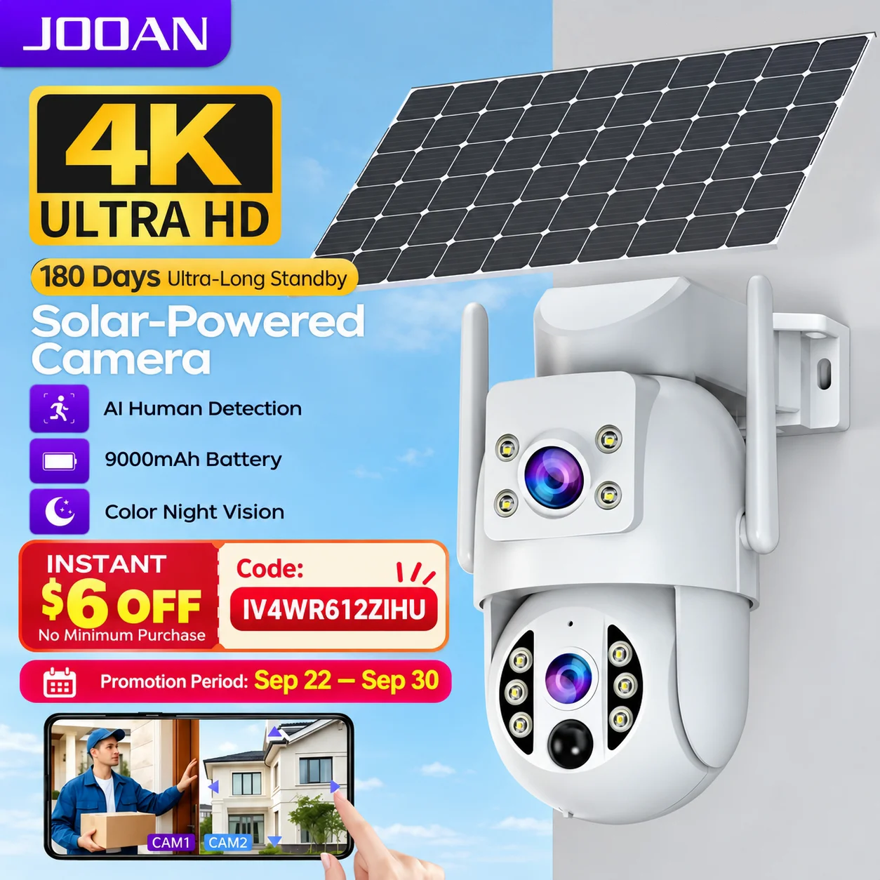 Smart Home Battery Camera - JOOAN 4K 屋外ソーラーWiFiカメラ、デュアルレンズ、PIR人体検知、暗視機能、セキュリティ保護、低消費電力バッテリー、IPカメラ、CCTV