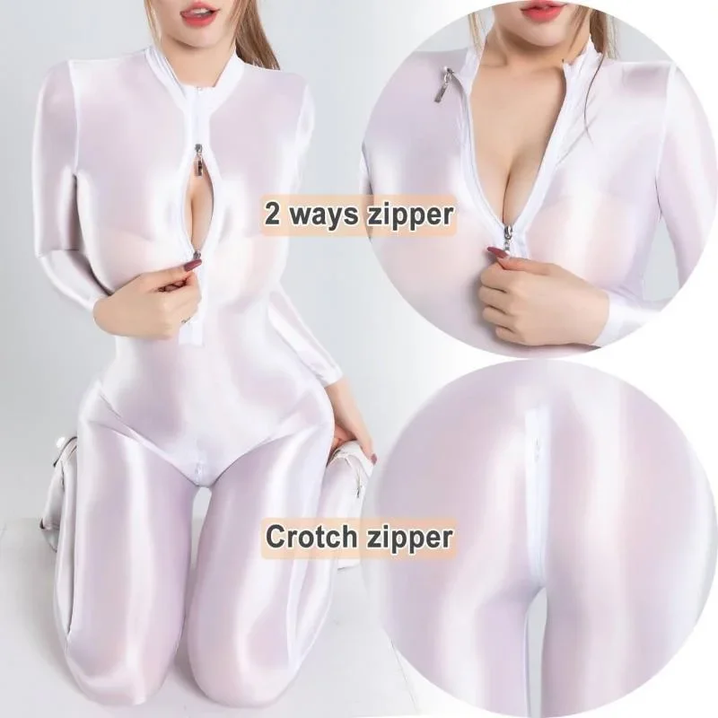 Womens Shiny Satin Glossy Silky Leotard Jumpsuit 2 Zipper Open Bust & Crotch Bodysuit Catsuit For Sex Game Couple Sex Toys