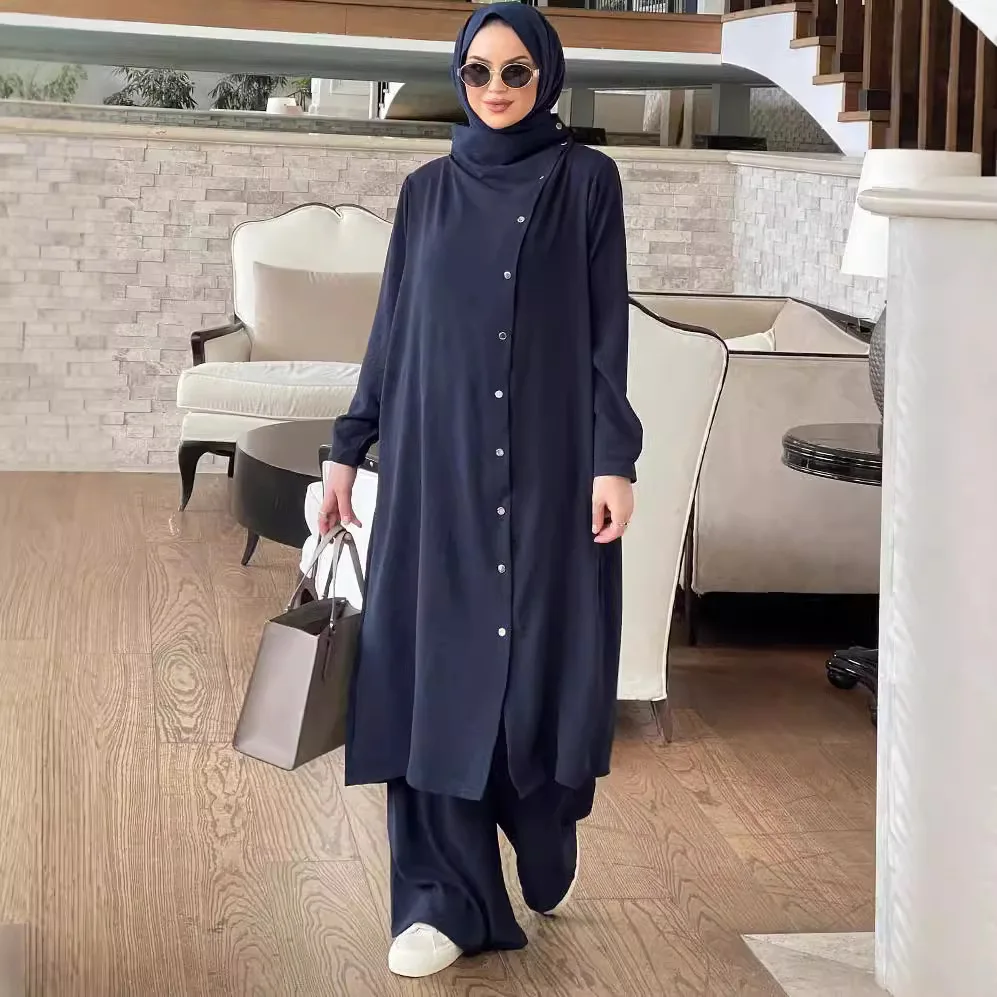 

Осенние мусульманские комплекты из 2 предметов, женские скромные арабские комплекты с длинным рукавом, Абая + брюки, комплект из двух предметов, рубашка из полиэстера и брюки, мусульманский костюм