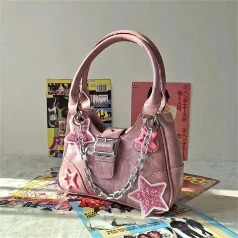 Korean Hiphop Rock Chain PU Leather Sling Diesel Crossbody Bags Pink Y2k Stars Underarm Shoulder Bags Rock Punk Girl Handbag