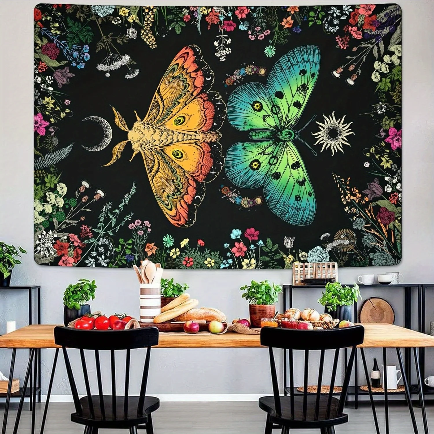 Boho Butterfly Moth Tapestry - Moonlit Garden Floral Design, Vintage Wall Hanging for Bedroom/Living Room