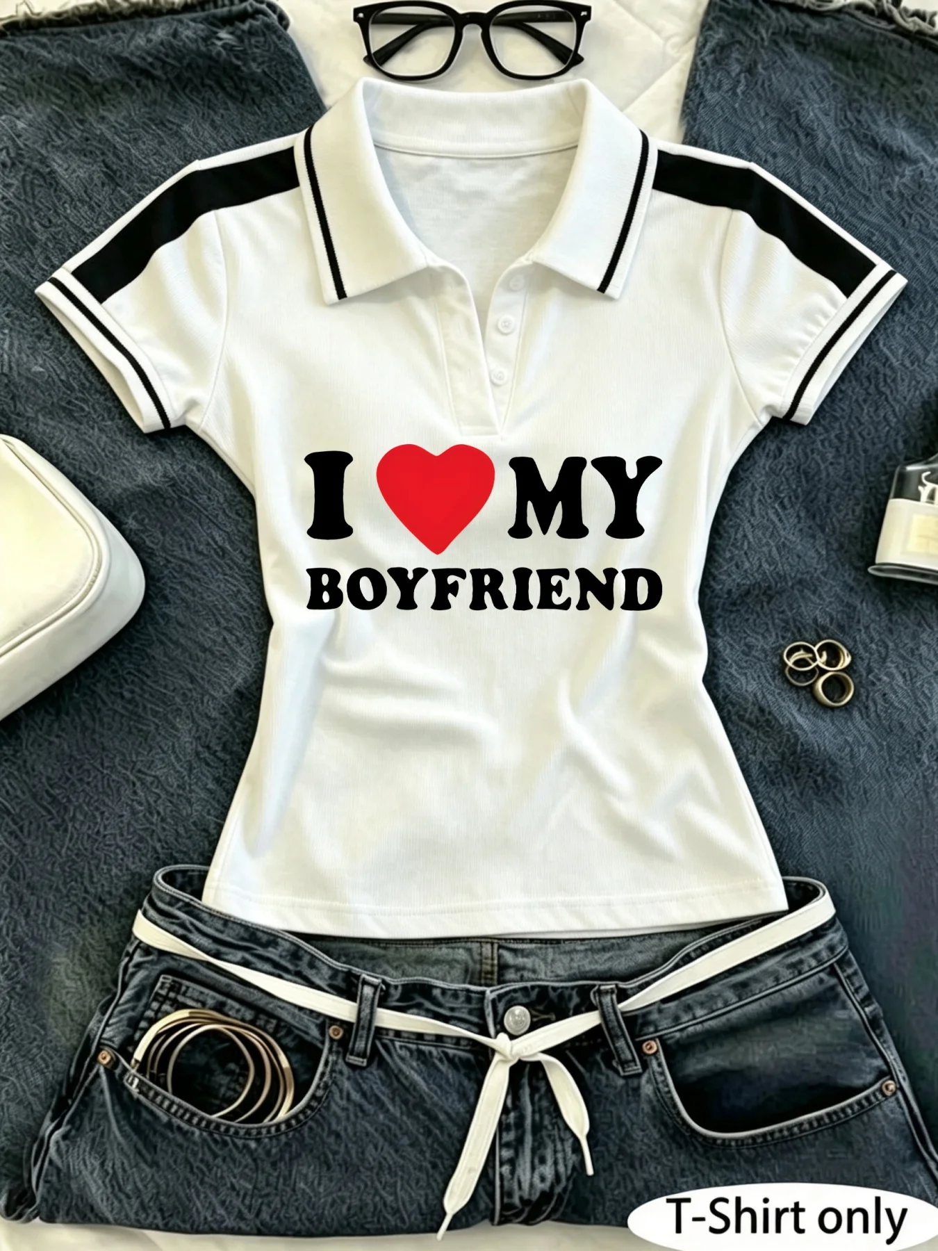 Women's Y2K Crop Polo Shirt, Funny I Love My Boyfriend Heart Letter Print Color‑Block Short Sleeve Collared Slim Fit Casual
