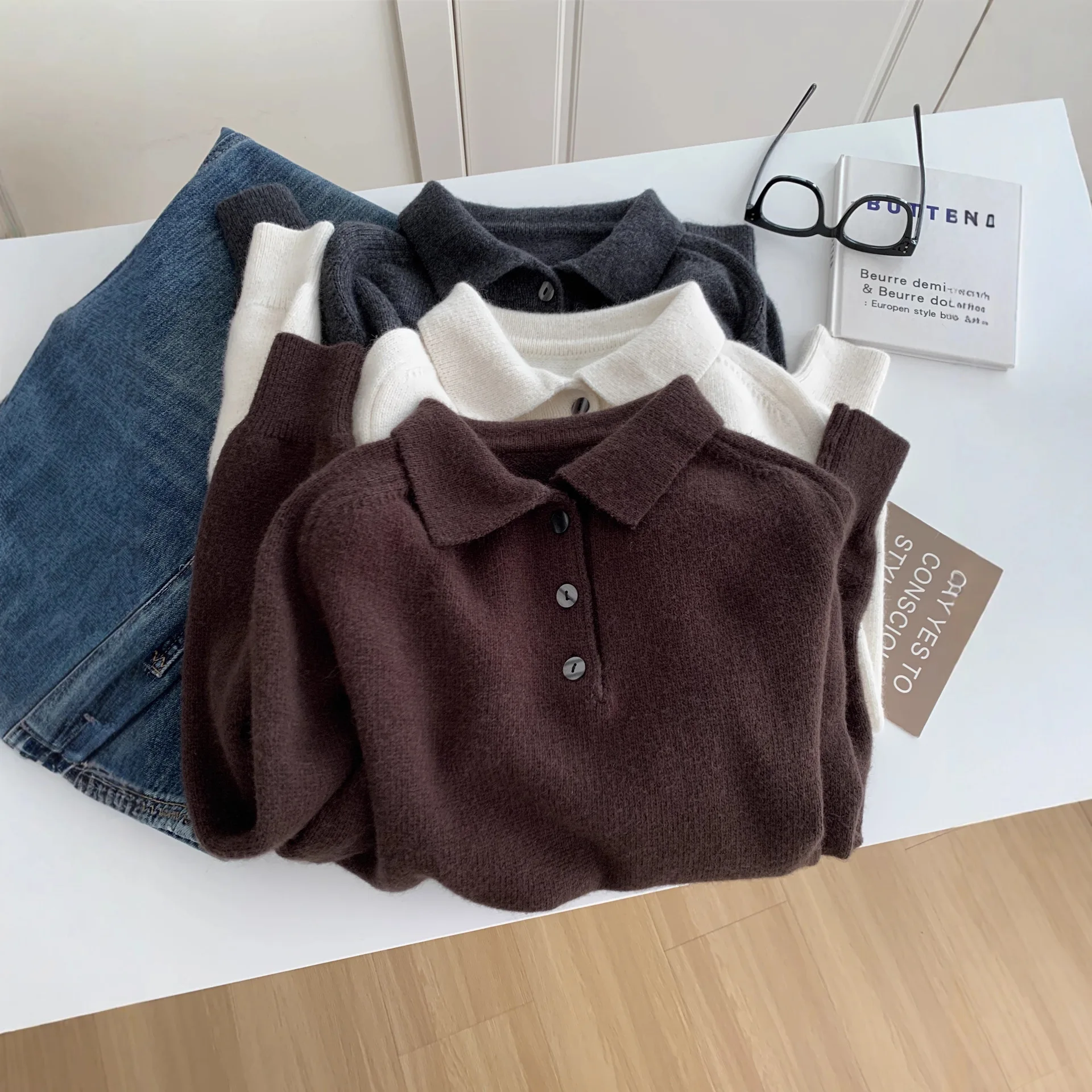 

Vintage Button Turn-down Collar Rabbit Knit For Women, Autumn Winter Soft Sheep Wool Pullover