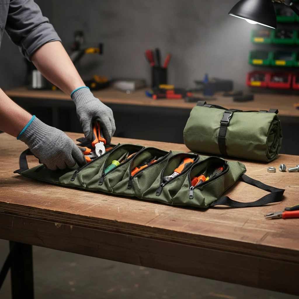 Versatile Tool Storage Bag Roll Up Design for Home Repair Automotive Maintenance Construction Work and Outdoor Adventure Trips