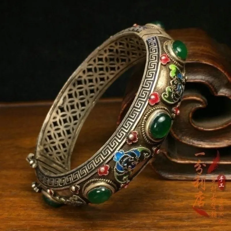 New Tibetan Silver Hollow Bangle, Inlaid Green Gemstone, Open Cuff Design, Vintage Ethnic Bracelet Jewelry