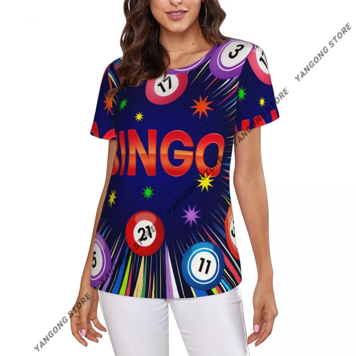 Women Short Sleeve Top Spin The Lotto Drum With Bingo Balls T-shirt Fashion Summer Female Tops Loose Round Neck T Shirt