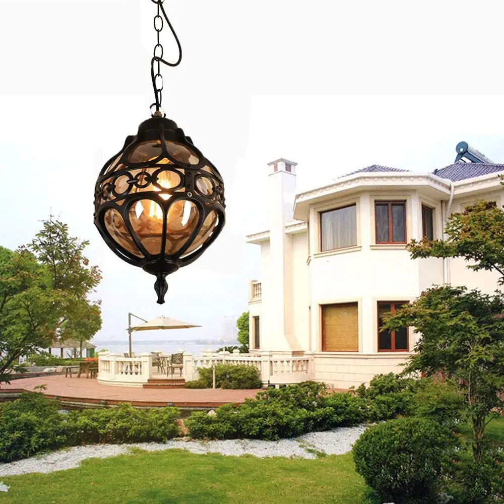 

Mengjay Waterproof Outdoor Garden LED Light Glass Bronze Vintage Pendant Lamp Balcony Simple Hallway Entrance Hanging Fixture