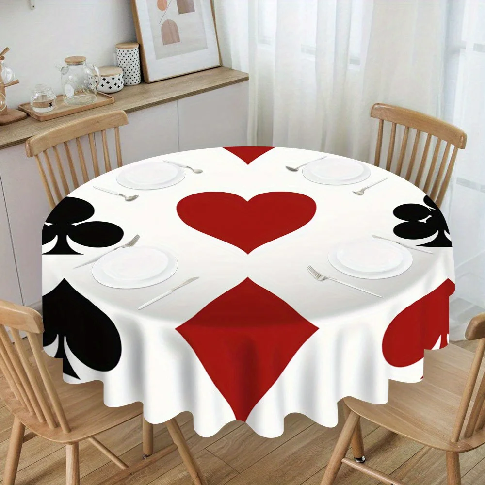 A design of a circular tablecloth featuring poker card symbols, adding a touch of simplicity to the dining table.zyc