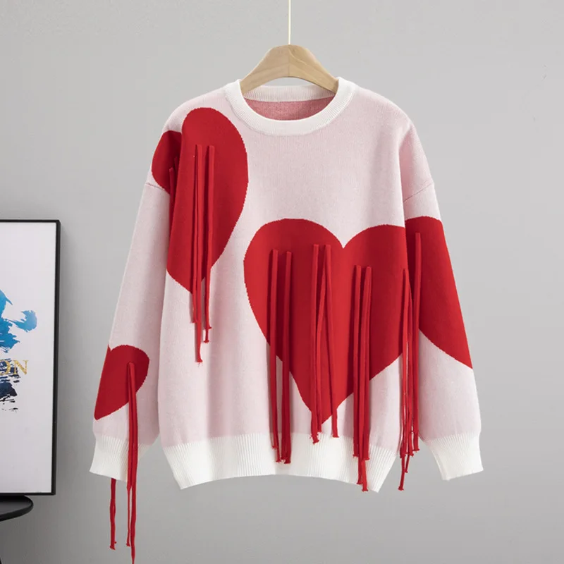 

O Neck Tassel Love Sweet Heart Sweater Women Knitted Pullover Autumn Winter Loose Jumper Y2K Punk Grunge Chic Knitwear Casual