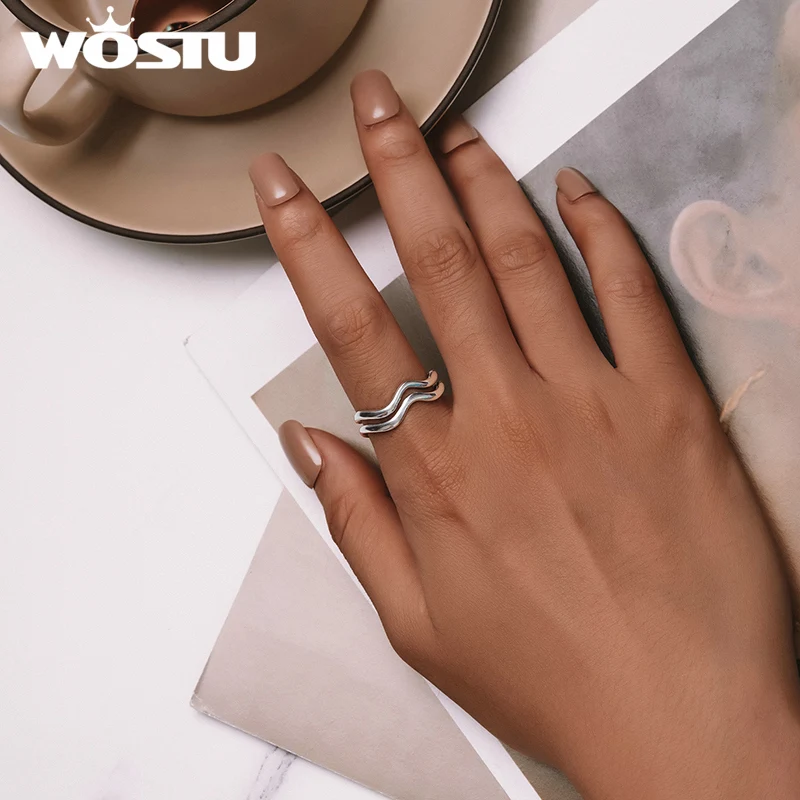 WOSTU Original 925 Sterling Silver Double Wavy Ring for Women Party Wedding Dating Simple Gift Fine Jewelry Certificated Silver