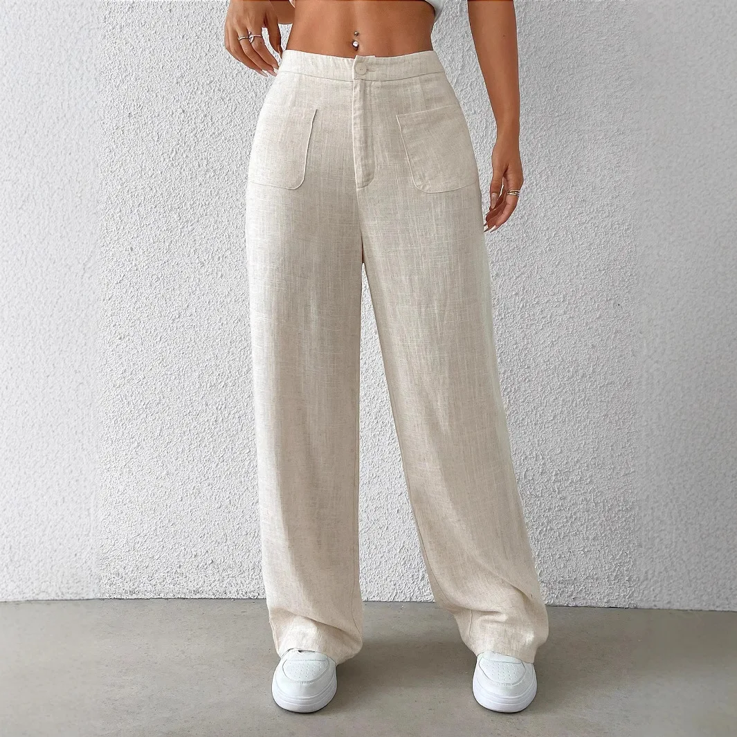 Cotton Linen Pants Women Solid Color Casual Drawstring Elastic Waist Mid Rise Versatile Trousers European American Style