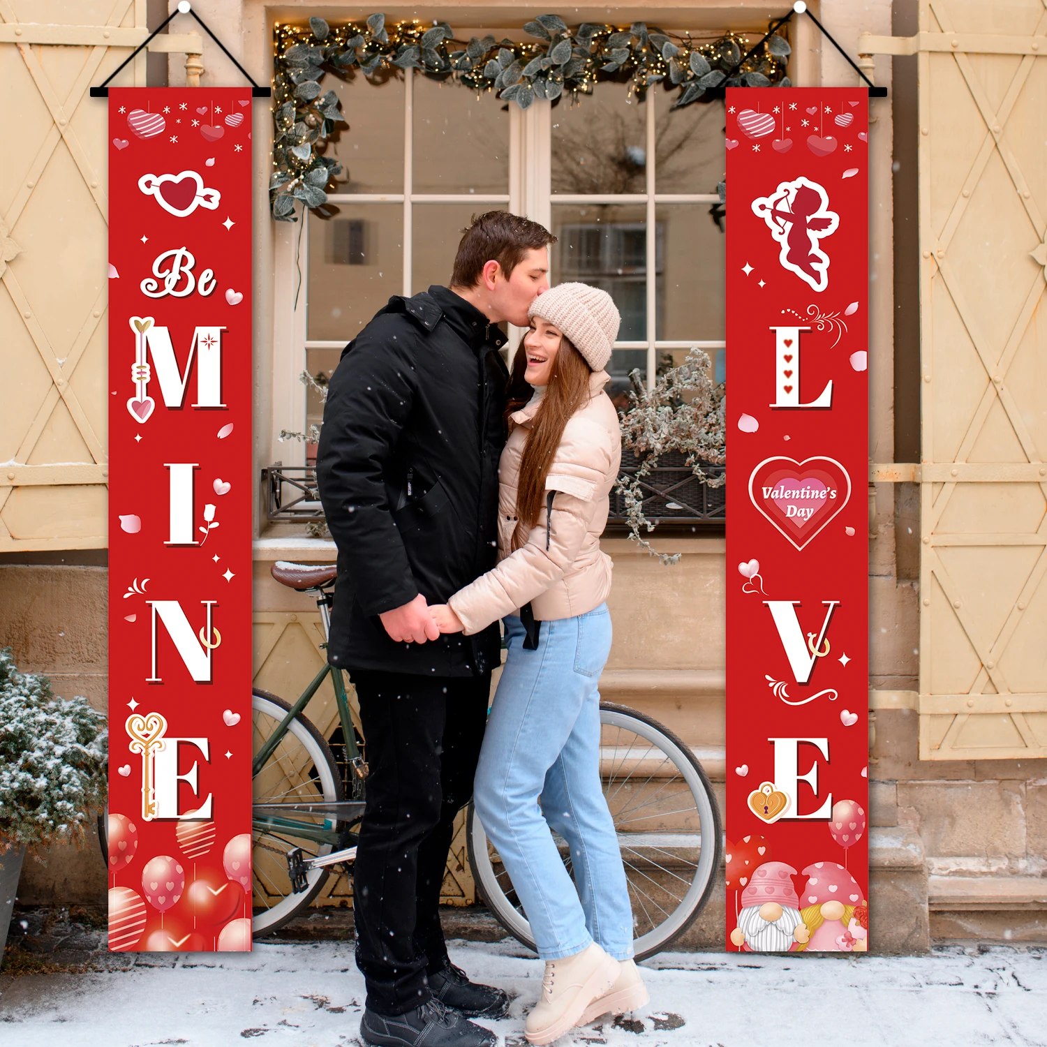 Vanlentine Day Porch Banner, 2 Pcs Happy Valentines Day Door Banner, Valentine's Day Porch Sign Banners & Valentine's Day Couple