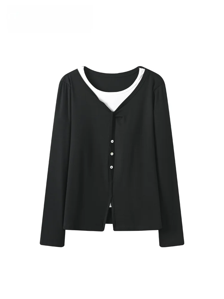 

Spring New Sle plus Size Women's round Ne Long Sve T-irt Ele Agel Top Trendy Single Button Closure Casual Wear