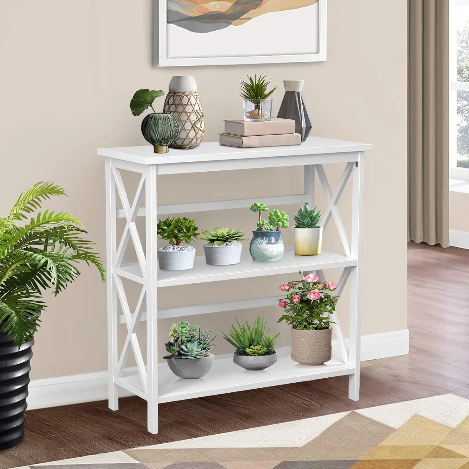 3 Tier Bookshelf, Modern Etagere Bookcase with Open Shelves, Wood Display Shelf, Small Bookshelf for Small Spaces