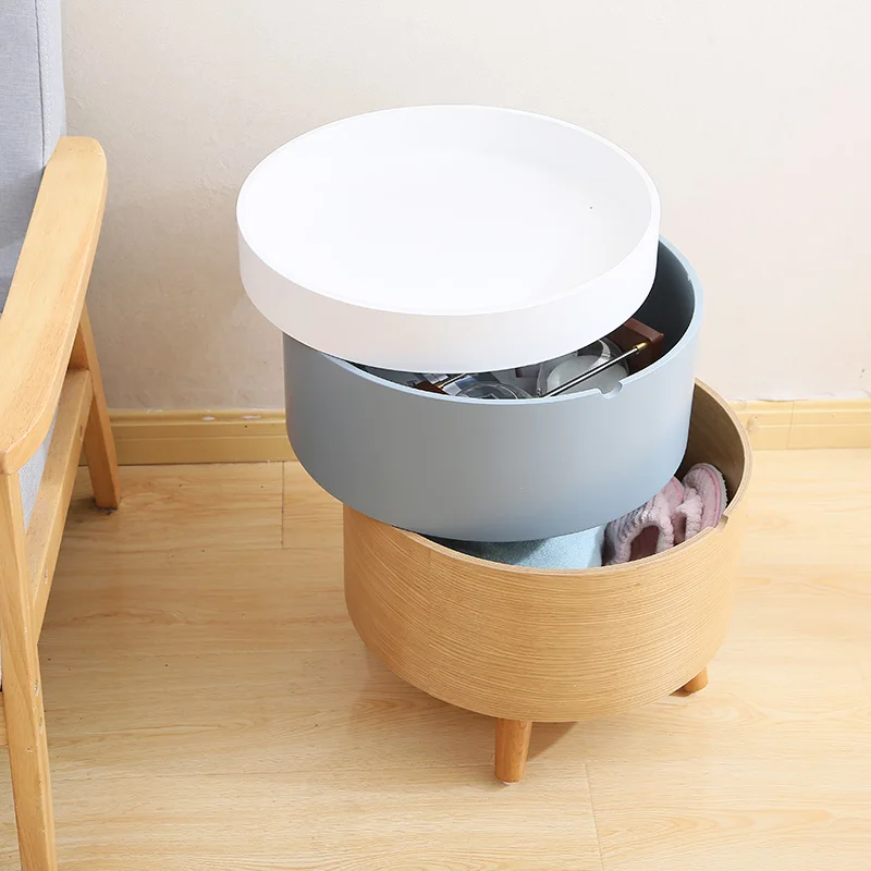 wooden circular small coffee table, bedroom, living room, multifunctional three-layer bucket, bedside storage cabinet