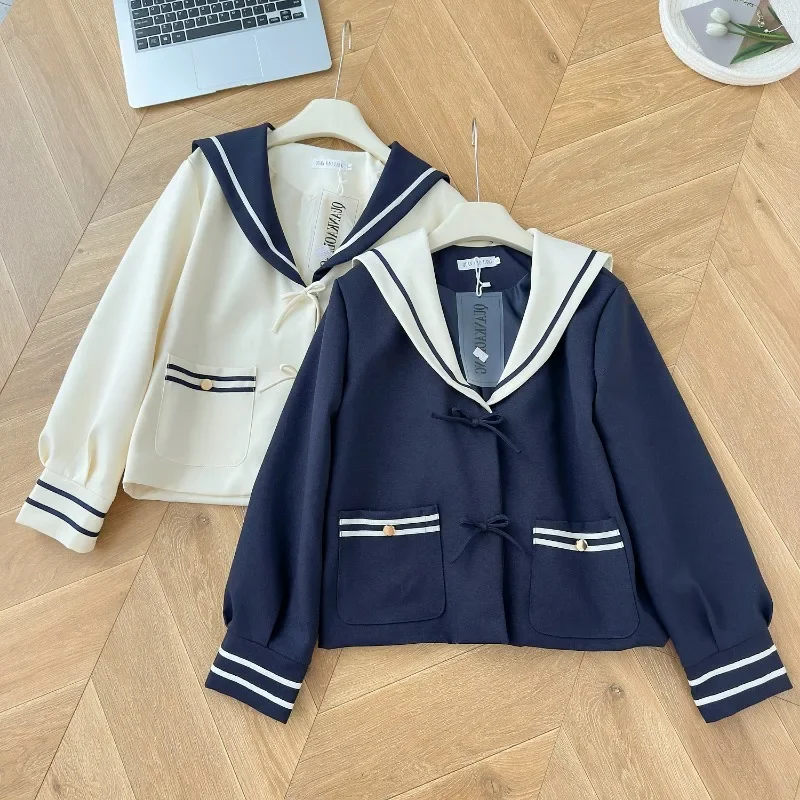 MiiiiX Japan Preppy Style Sweet Girl Coat Women's 2024 Autumn Sailor Collar Bow Patchwork Design Loose Jacket Top Female Clothes