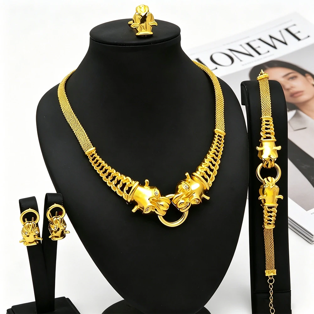

Classic Leopard Necklace Earrings Fashion Women Bangle Ring African 4Pcs Jewelry Set Luxury 24K Gold Plated Jewelry Party Daily