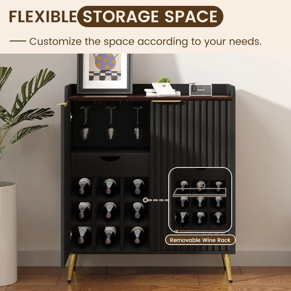 Farmhouse Style Wine Bar Cabinet with Fluted Doors, Glass Holders, and Removable Rack for Modern Coffee Storage