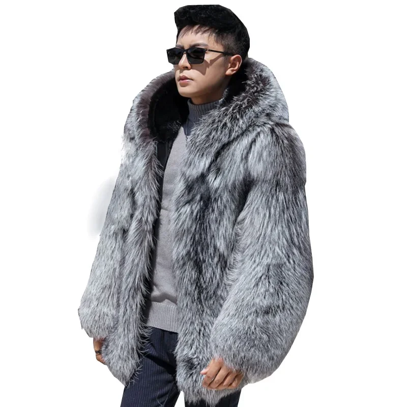 Men Jacket Winter Warm Hooded Fur Men Mink Fur One Piece Coat Silver Fox Fur Coat