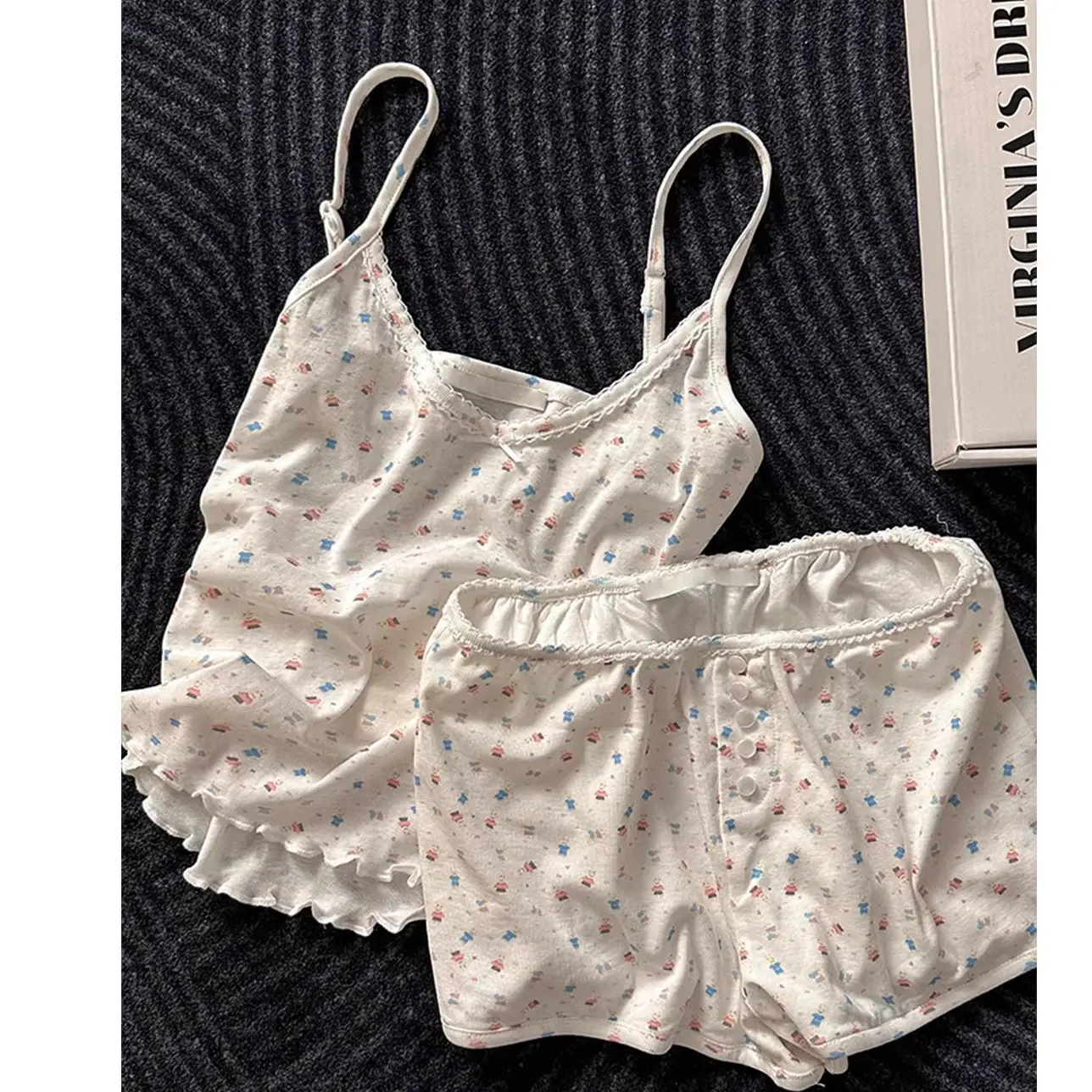 

Pajama Set Girls Cute Cartoon Print Vest Shorts Summer Slim Crop Top Elastic Short Pant Sweet Student Nightwear Y2K