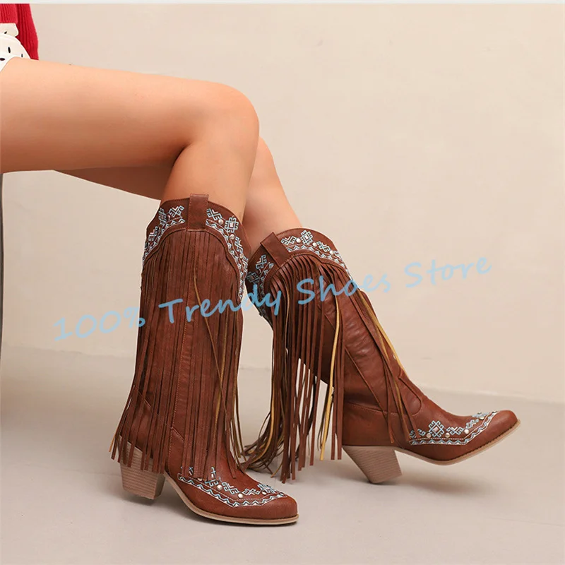 

Rivet Tassel Mixed Color Embroidery Long Boots Women Western Cowboys Boots Fashion Chunky Heel Knee High Knight Boots for Lady