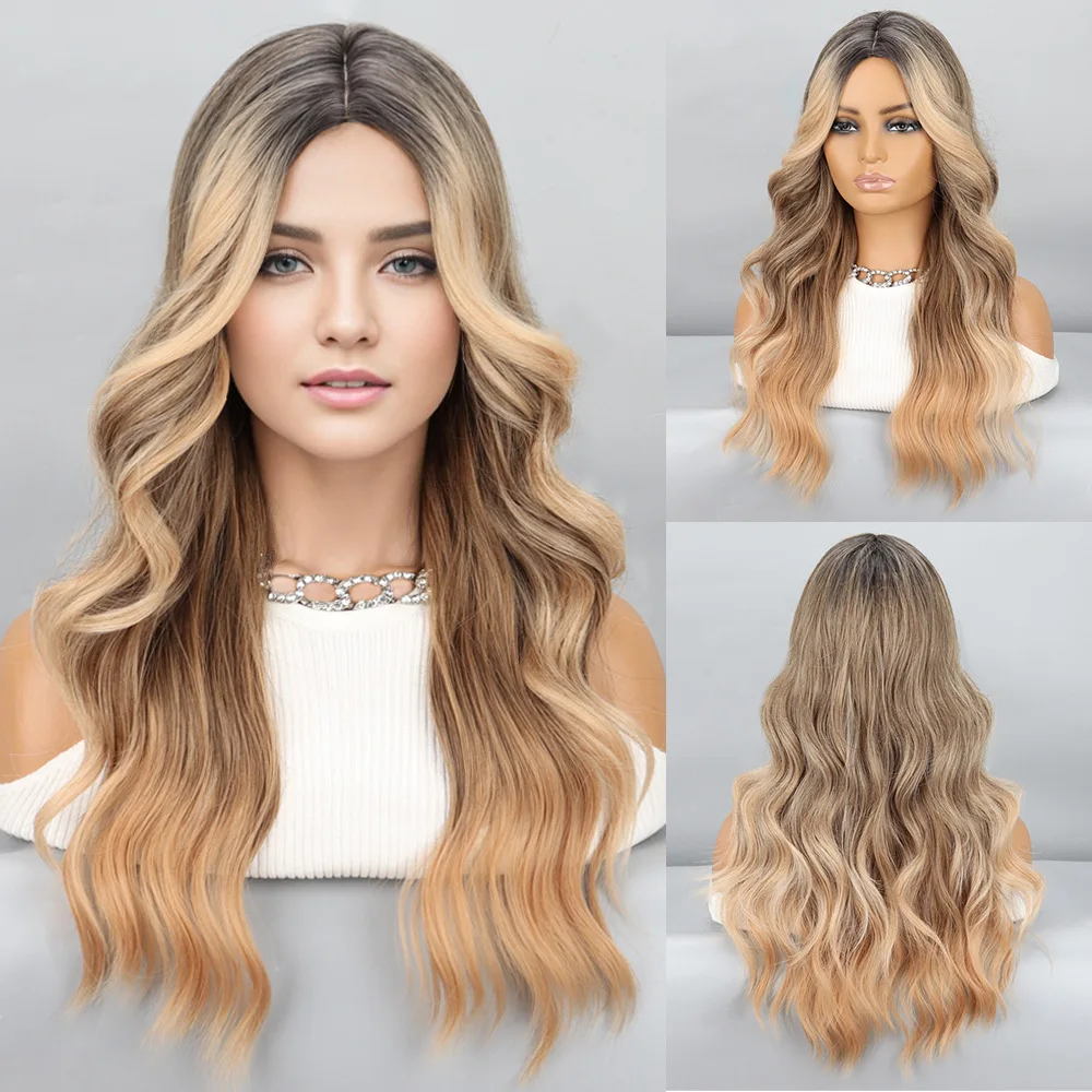

European and American fashion wig women, long golden brown long bangs long wavy curly wig