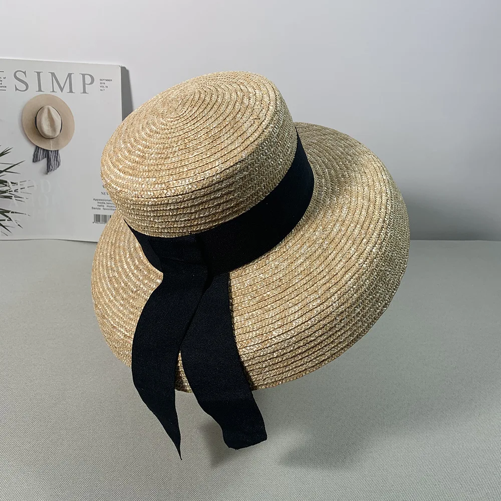 Women\'s summer big soft top hat straw hat with black and white ribbon lace tie m wide brim sun hat UV protection beach hat cap